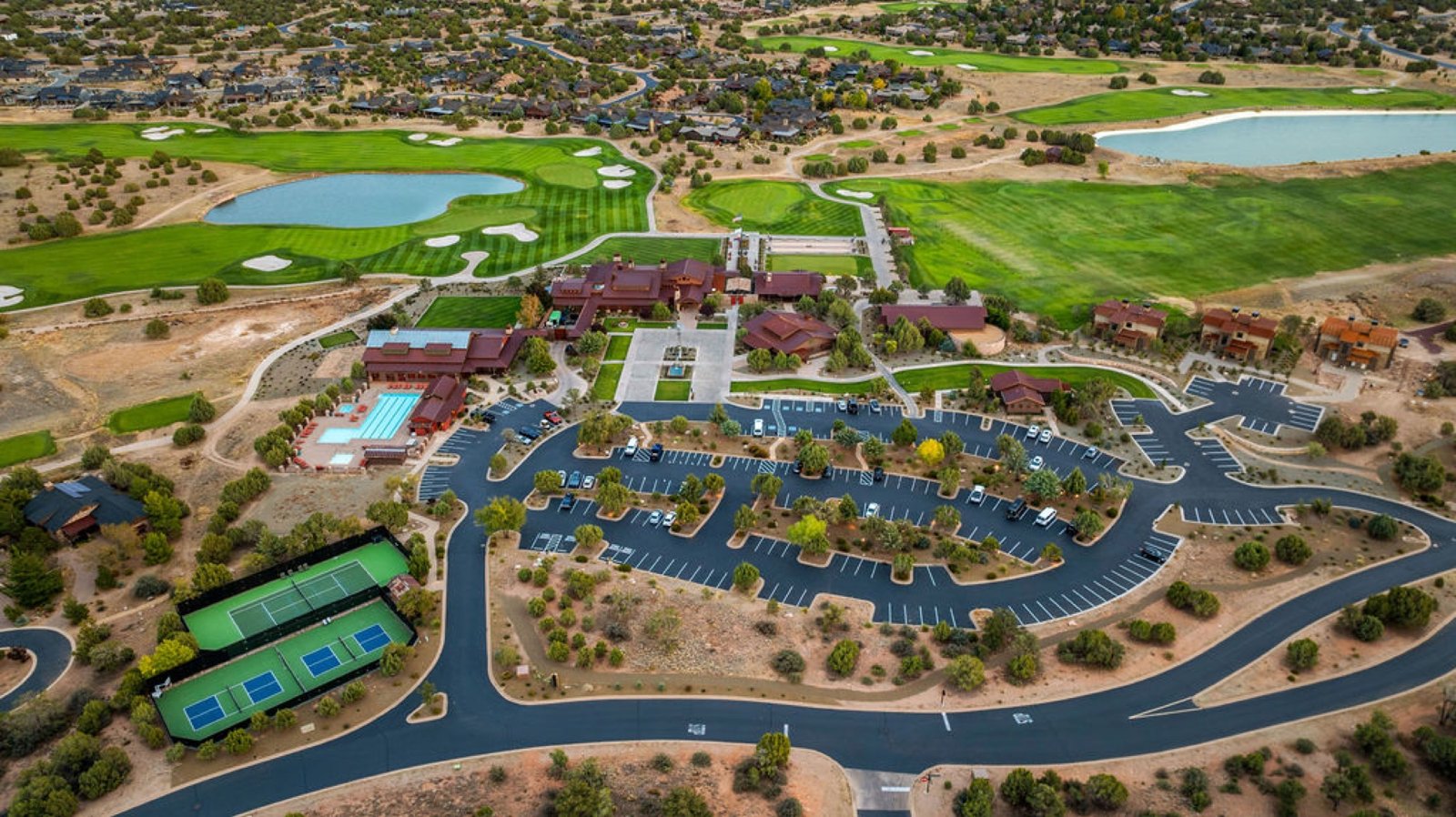 Aerial view of the Talking Rock clubhouse, pool and golf course, Prescott AZ